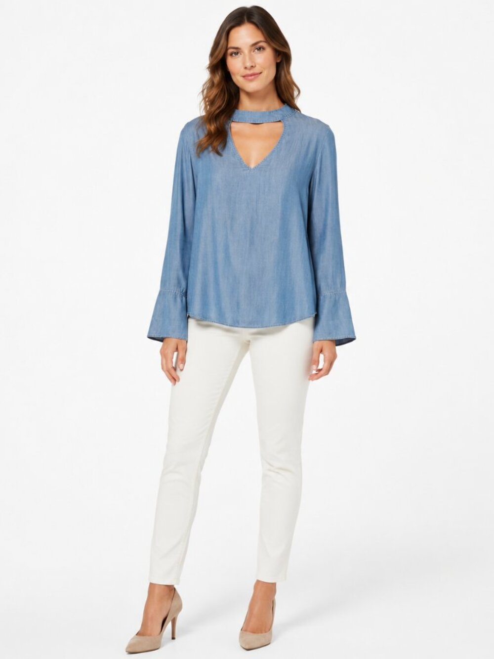Bella Dahl Blue Chambray Choker V-Neck Bell Sleeve Boho Blouse Sz L